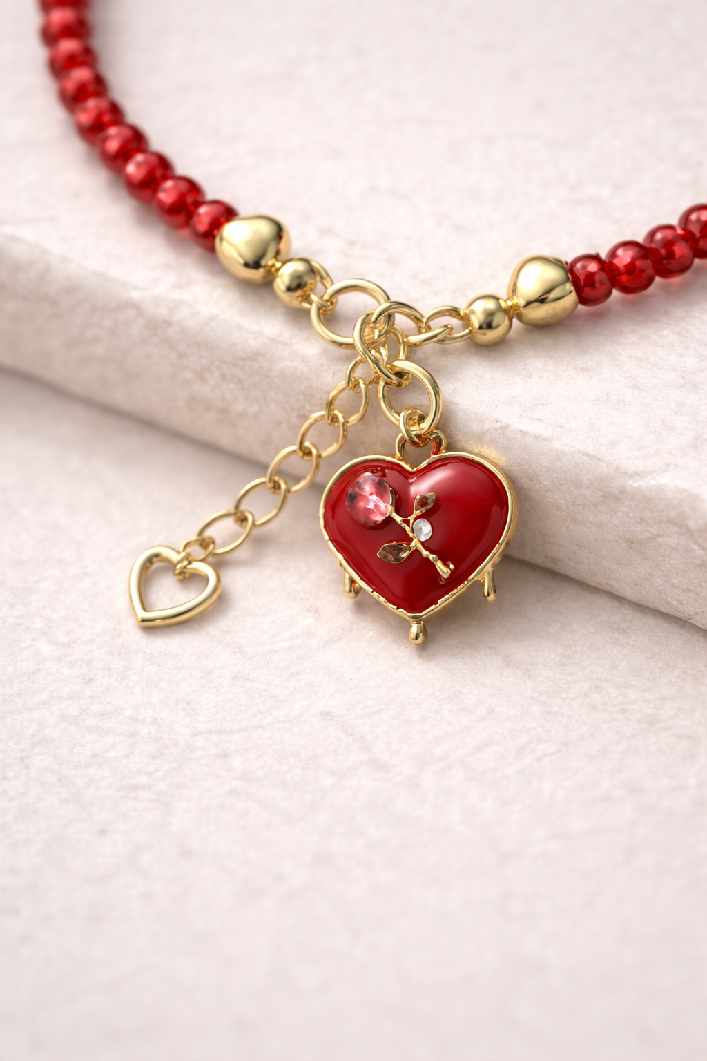 Red Bracelet with Heart Charm - Gold