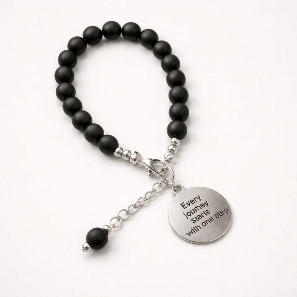 "Every Journey Starts With One Step" Inspirational Charm Black Bracelet