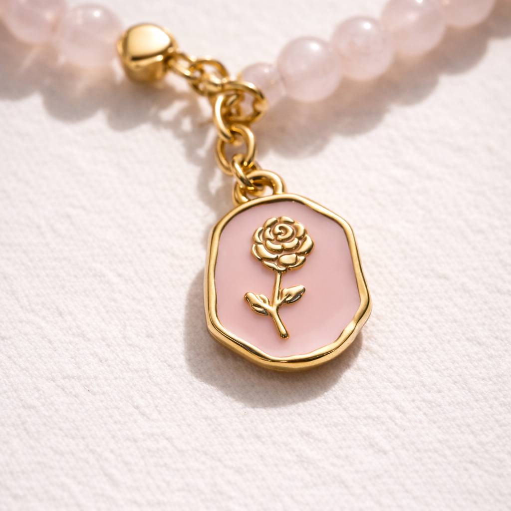 Rose Quartz Bracelet with Charm - Gold
