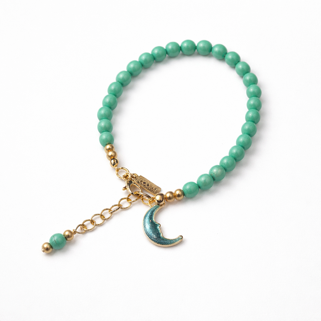 Green Turquoise Bracelet with Half Moon Charm - Gold