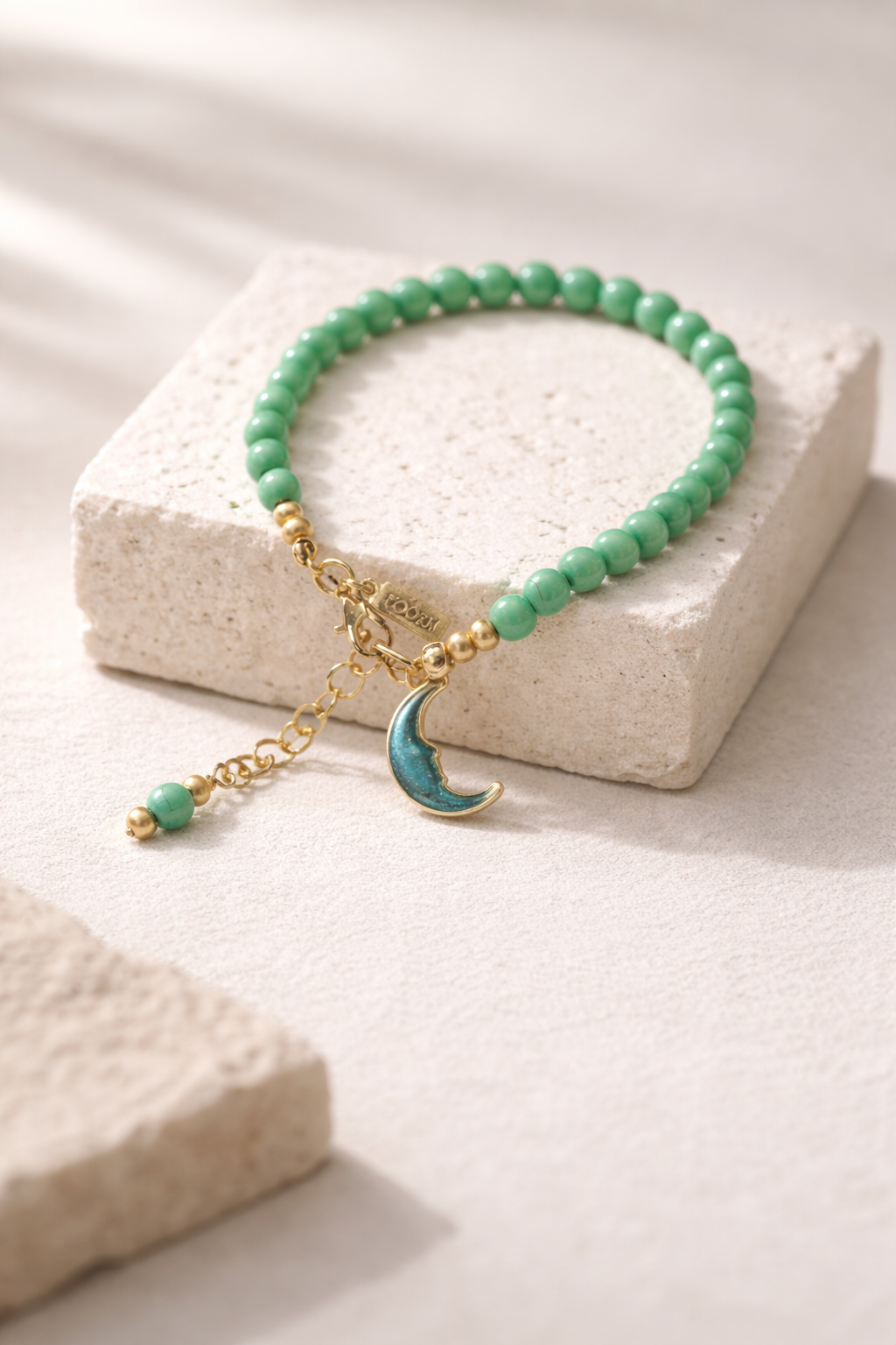 Green Turquoise Bracelet with Half Moon Charm - Gold