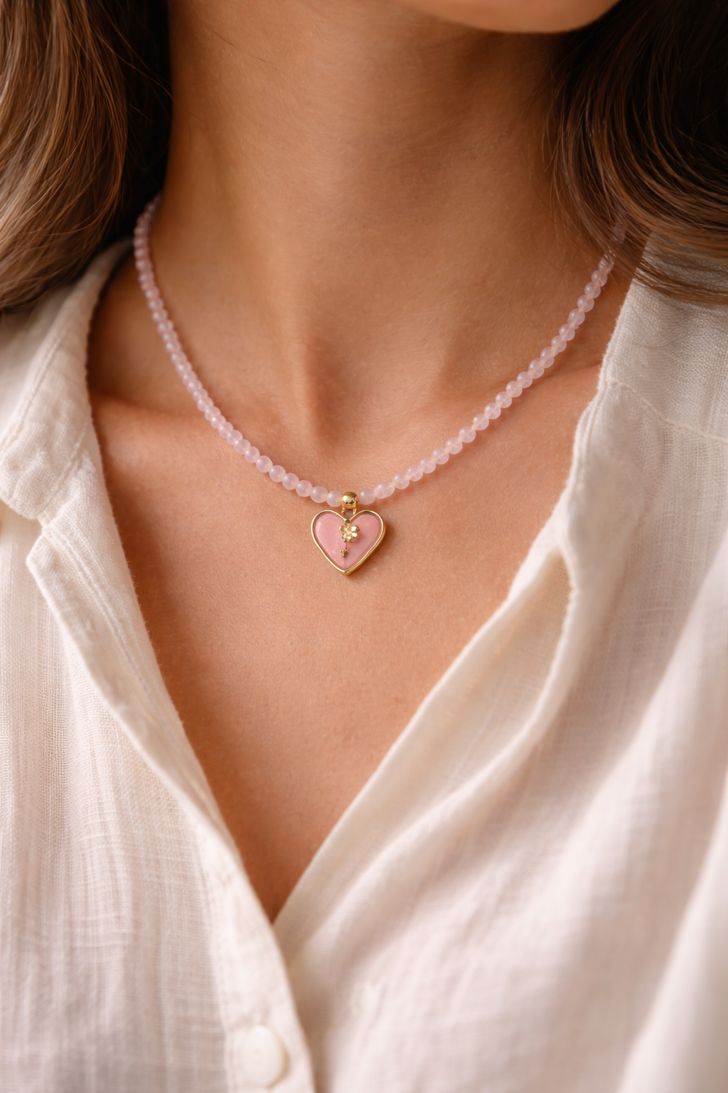 Rose Quartz Necklace with Rose Pendant Gold