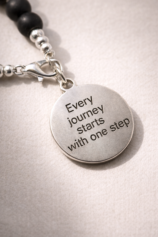 "Every Journey Starts With One Step" Inspirational Charm Black Bracelet