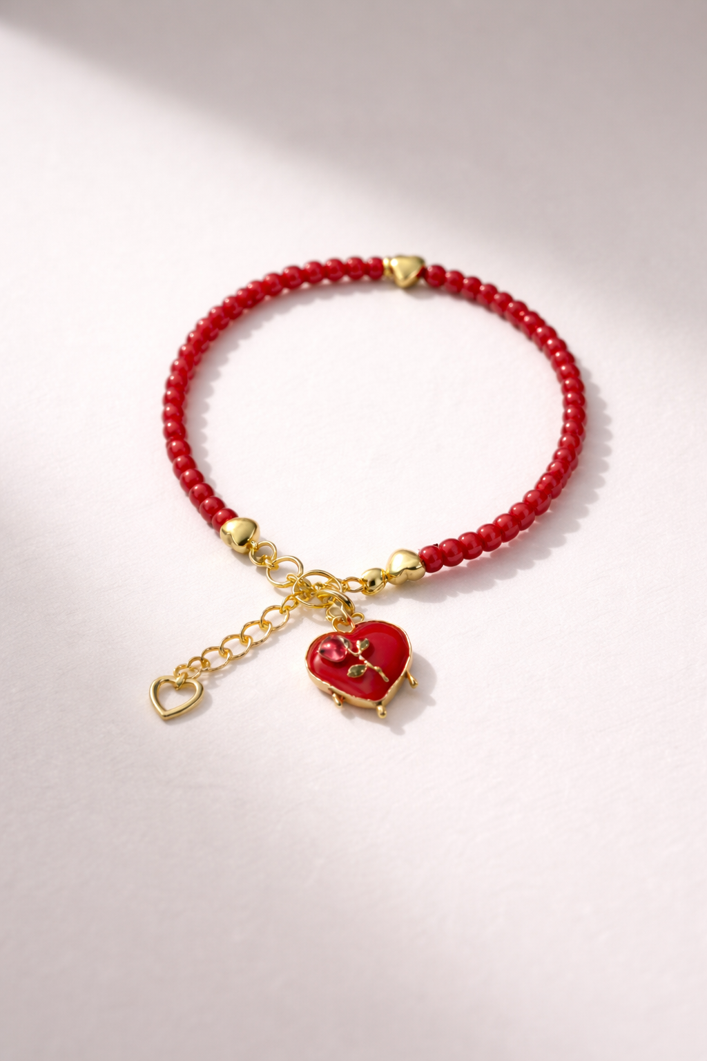 Red Bracelet with Heart Charm - Gold