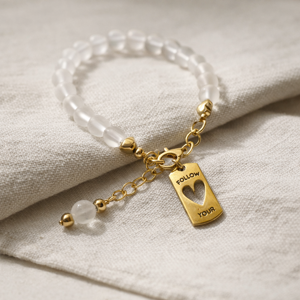 White Bracelet with "Follow Your Heart" Charm - Gold