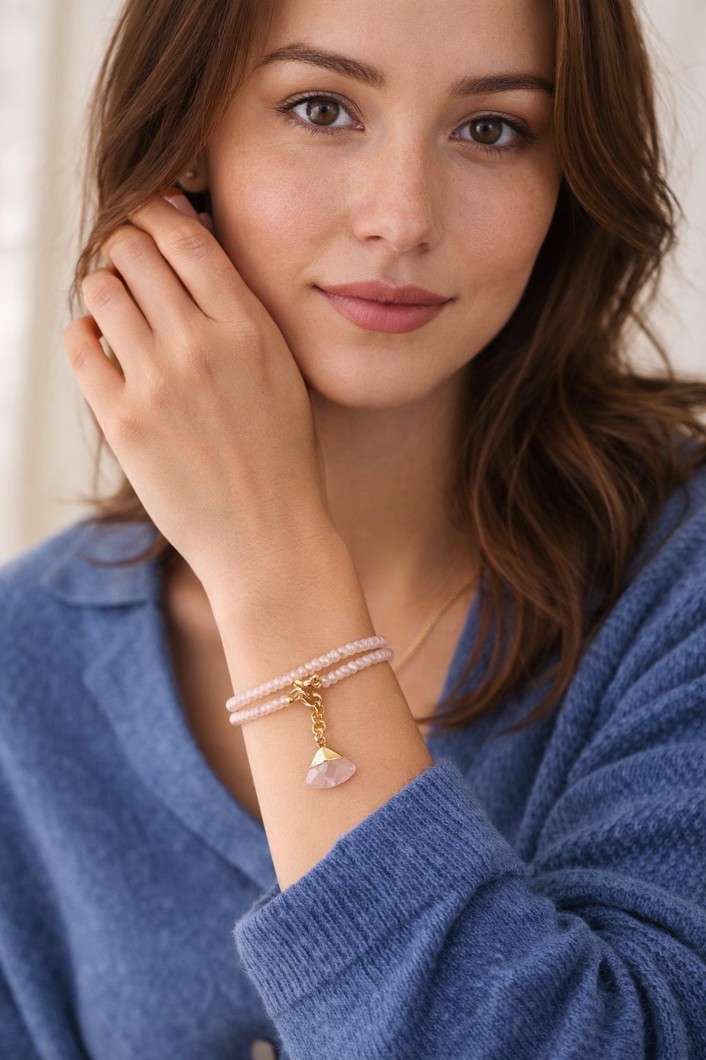 Rose Quartz Double Bracelet with Charm - Gold