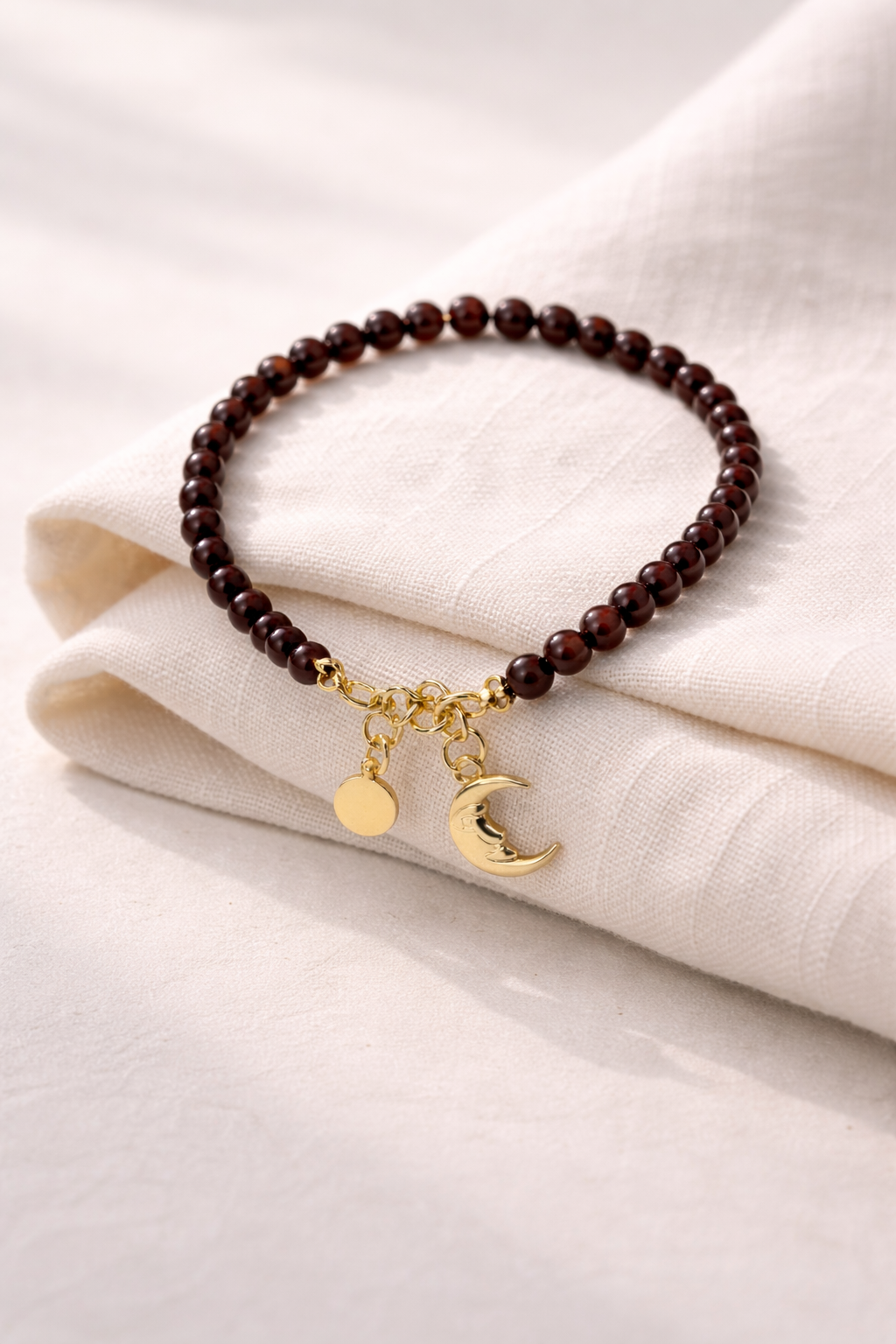 Garnet Bracelet with Moon Charm - Gold