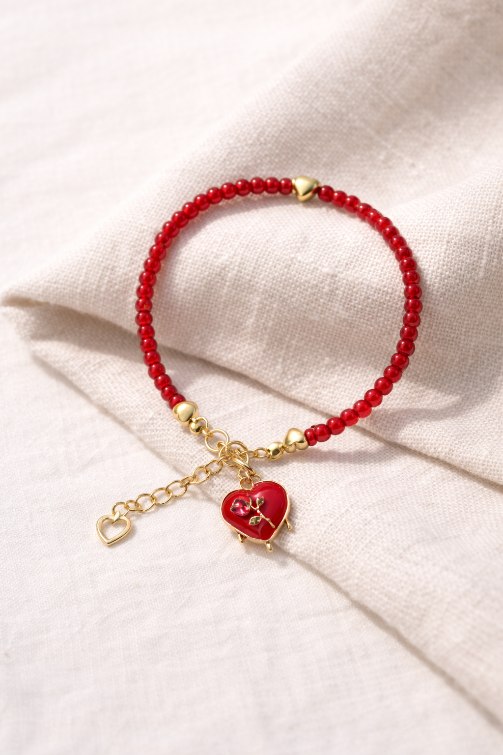 Red Bracelet with Heart Charm - Gold