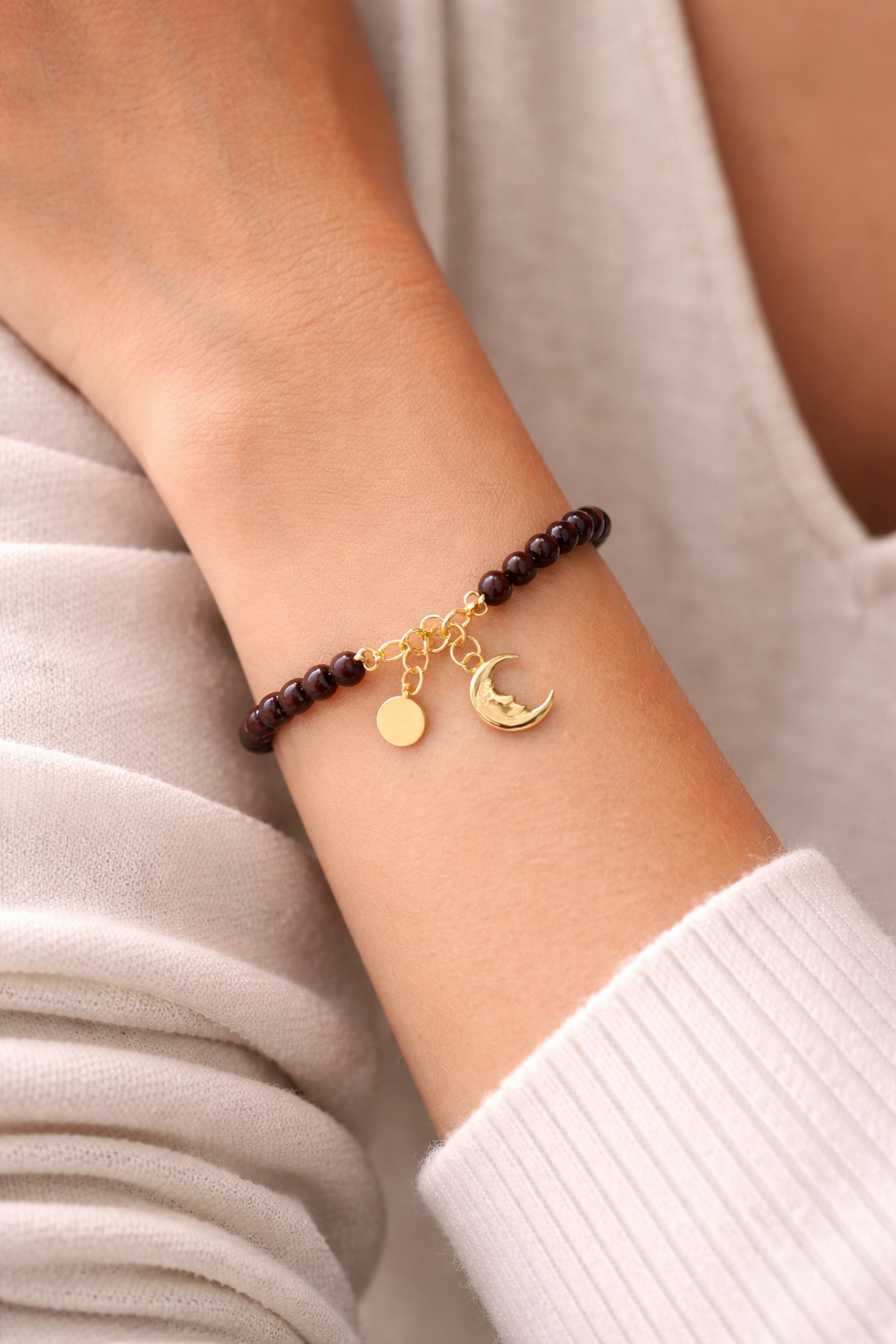 Garnet Bracelet with Moon Charm - Gold