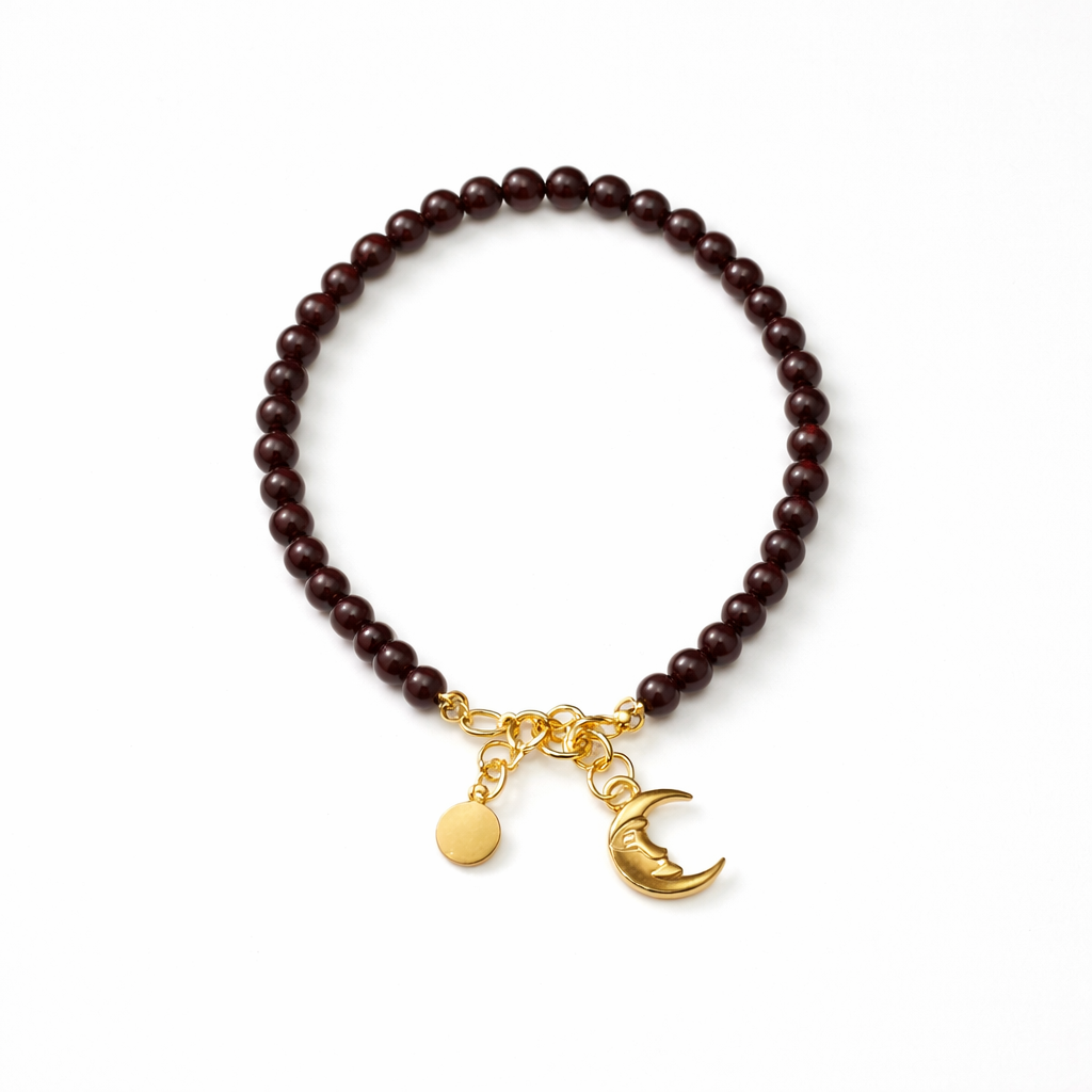 Garnet Bracelet with Moon Charm - Gold