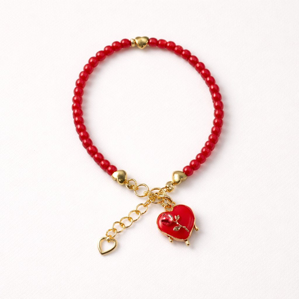 Red Bracelet with Heart Charm - Gold