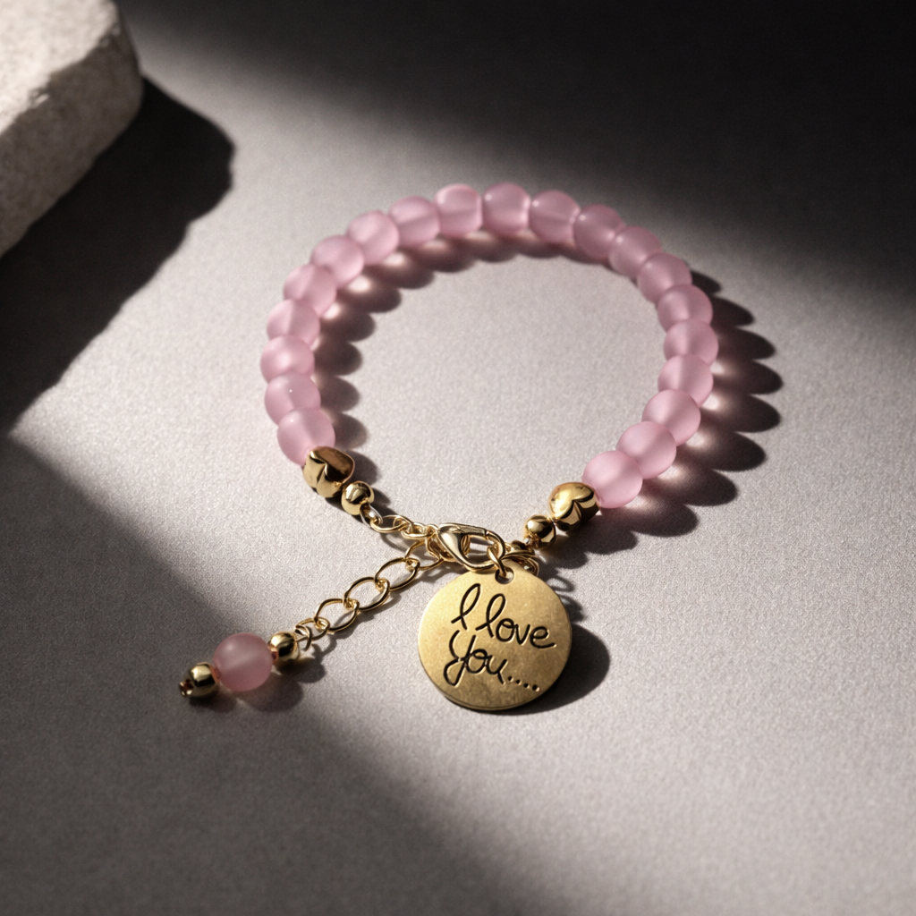 Pink Bracelet with "I Love You" Charm - Gold