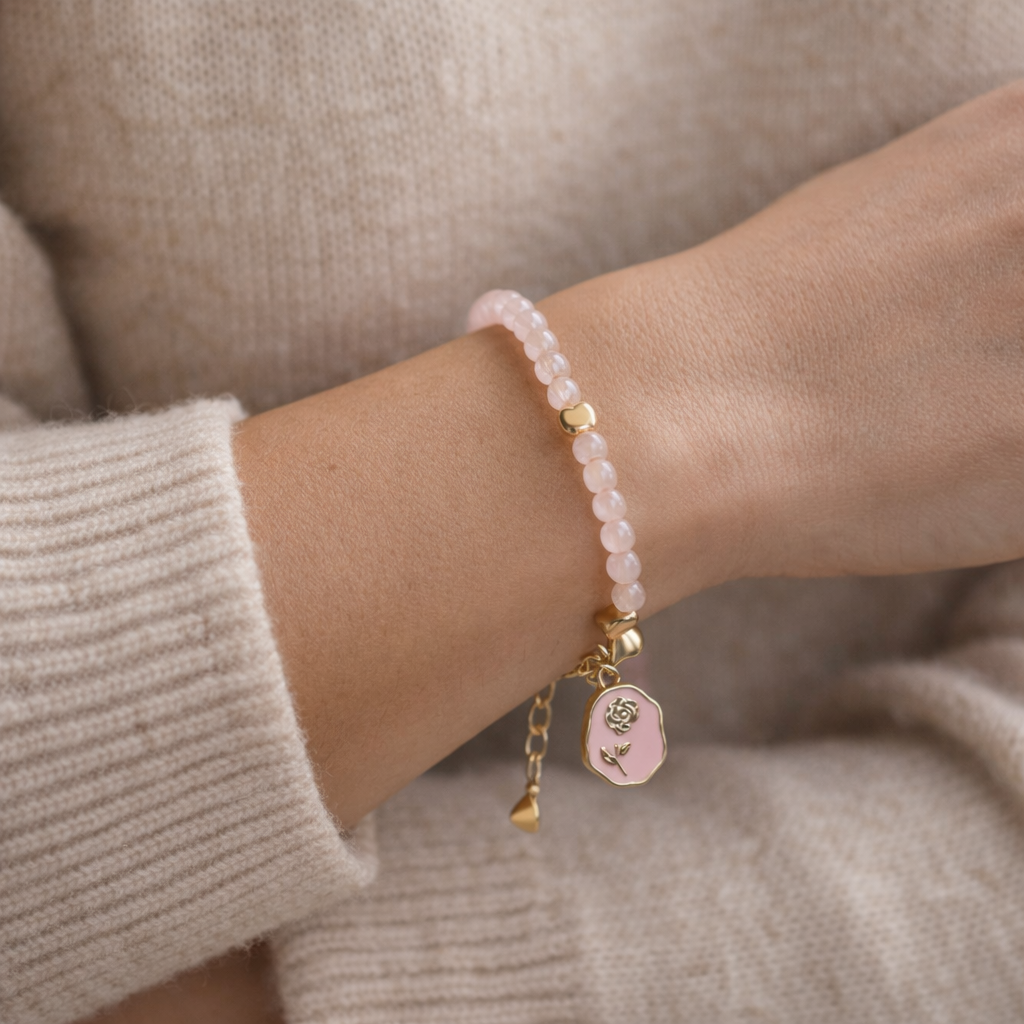 Rose Quartz Bracelet with Charm - Gold