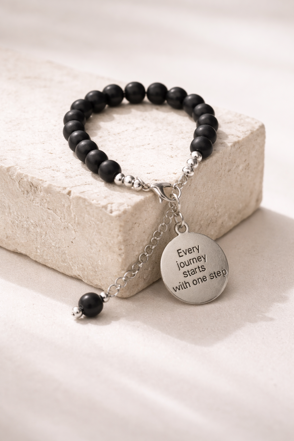 "Every Journey Starts With One Step" Inspirational Charm Black Bracelet