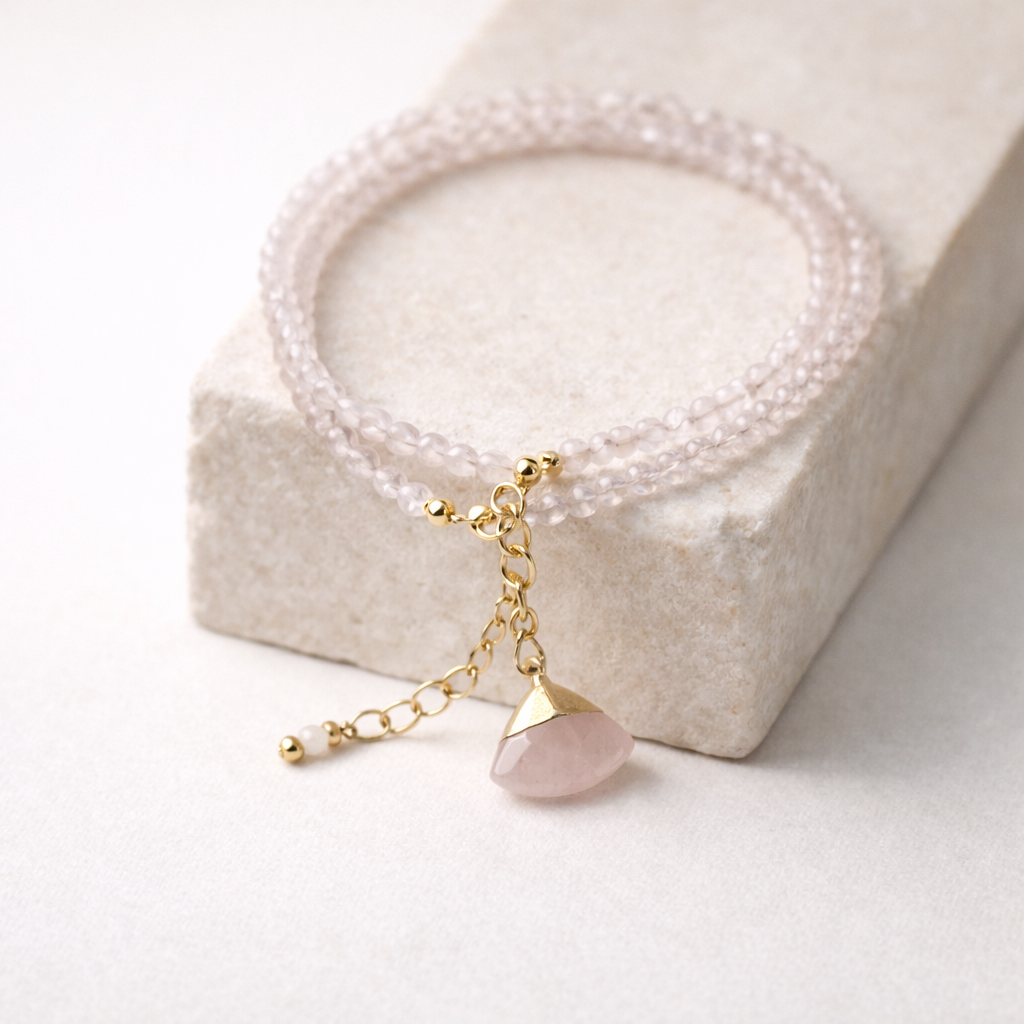 Rose Quartz Double Bracelet with Charm - Gold