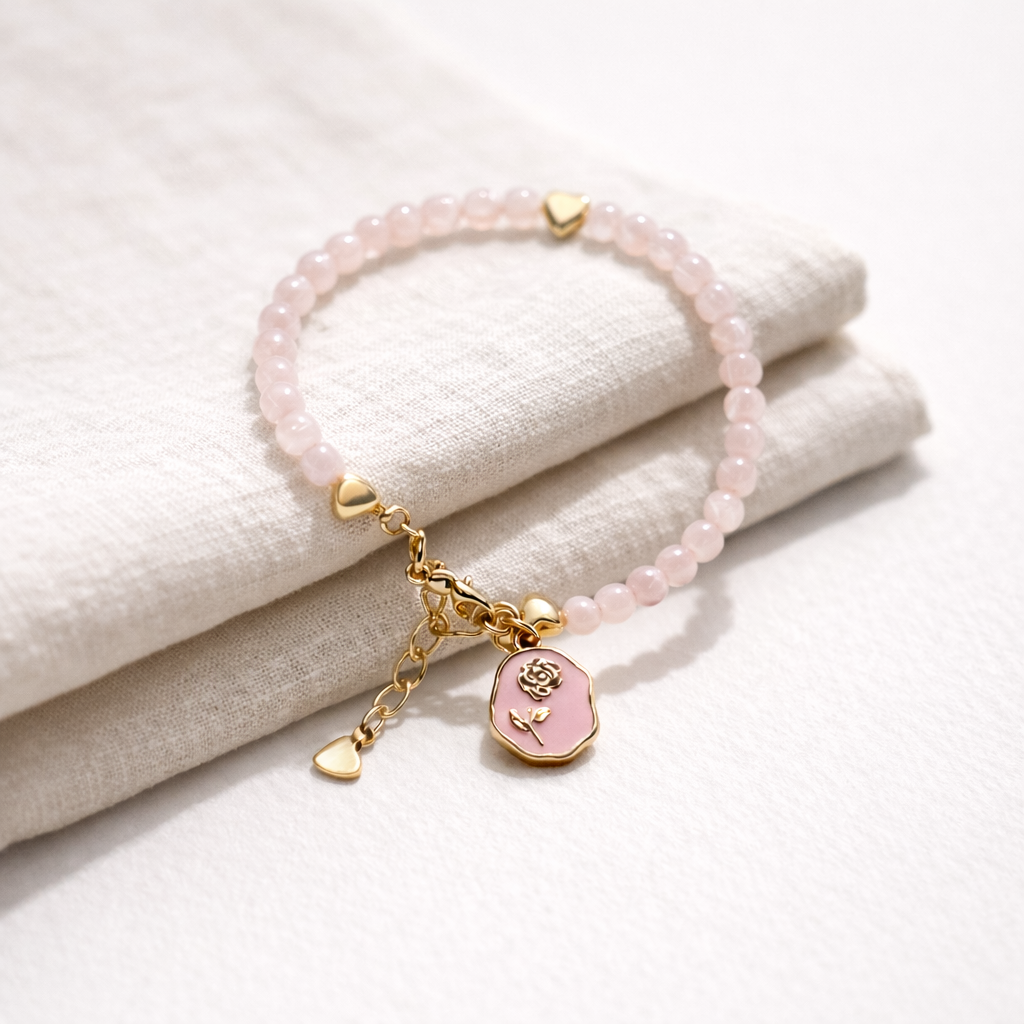Rose Quartz Bracelet with Charm - Gold