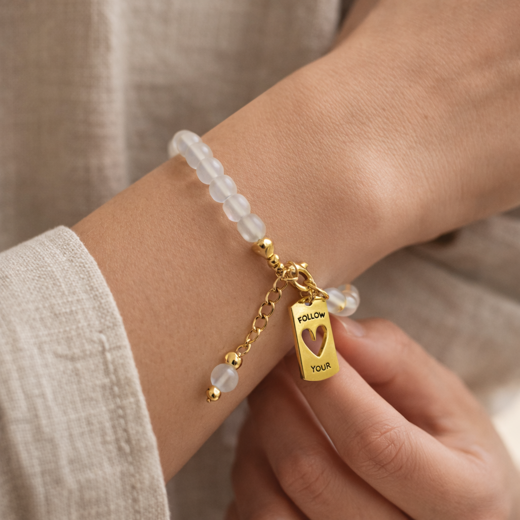White Bracelet with "Follow Your Heart" Charm - Gold