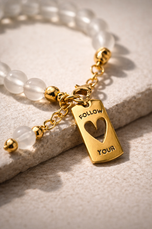 White Bracelet with "Follow Your Heart" Charm - Gold