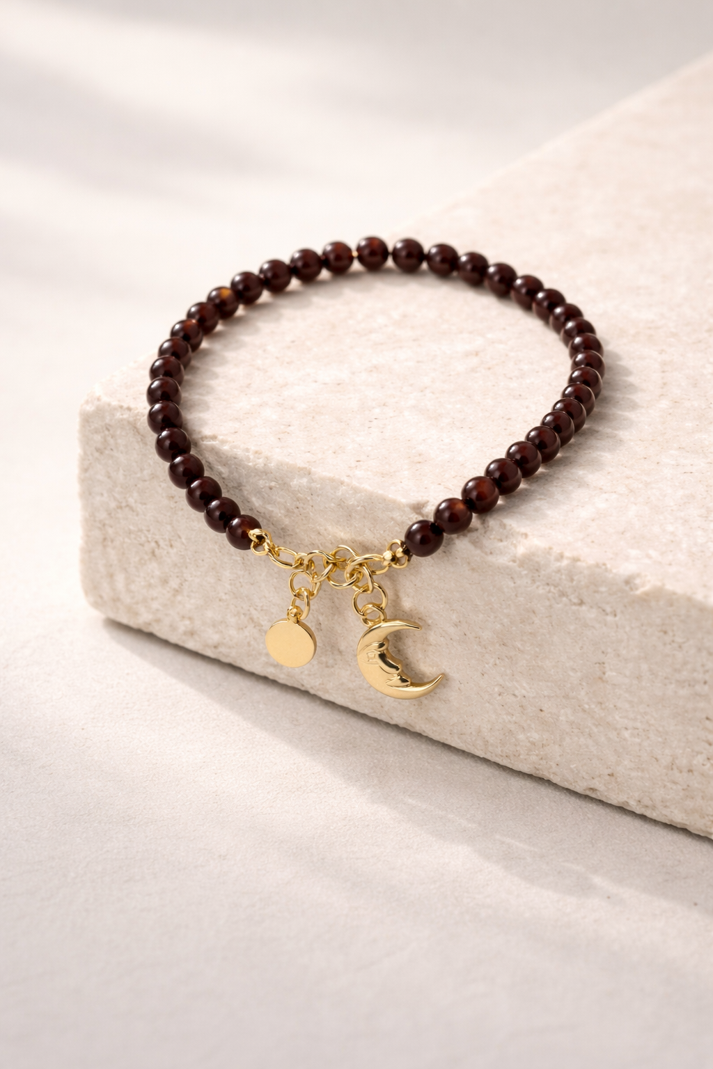 Garnet Bracelet with Moon Charm - Gold