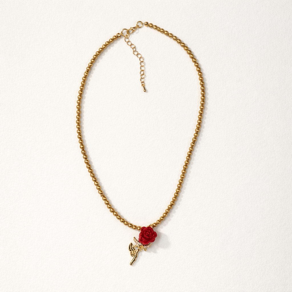 Gold Pearl Necklace with Rose Pendant Gold
