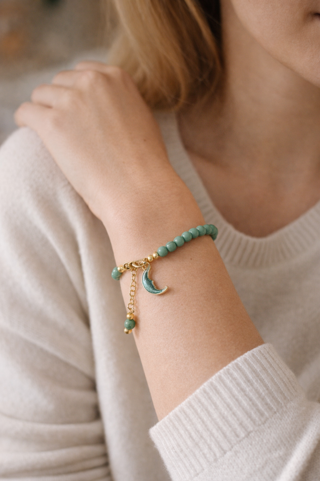 Green Turquoise Bracelet with Half Moon Charm - Gold