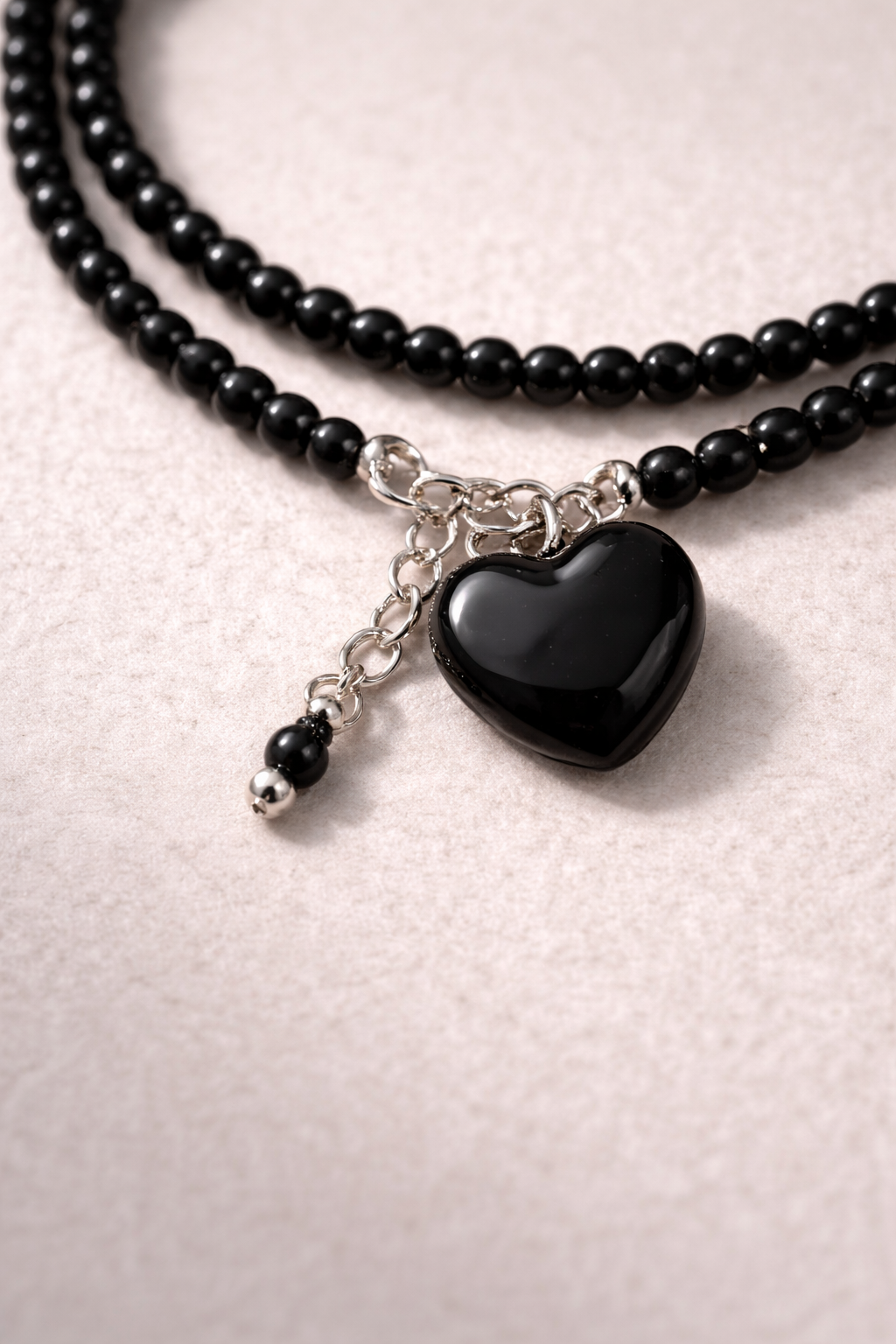 Obsidian Double Bracelet With Heart Charm - Silver