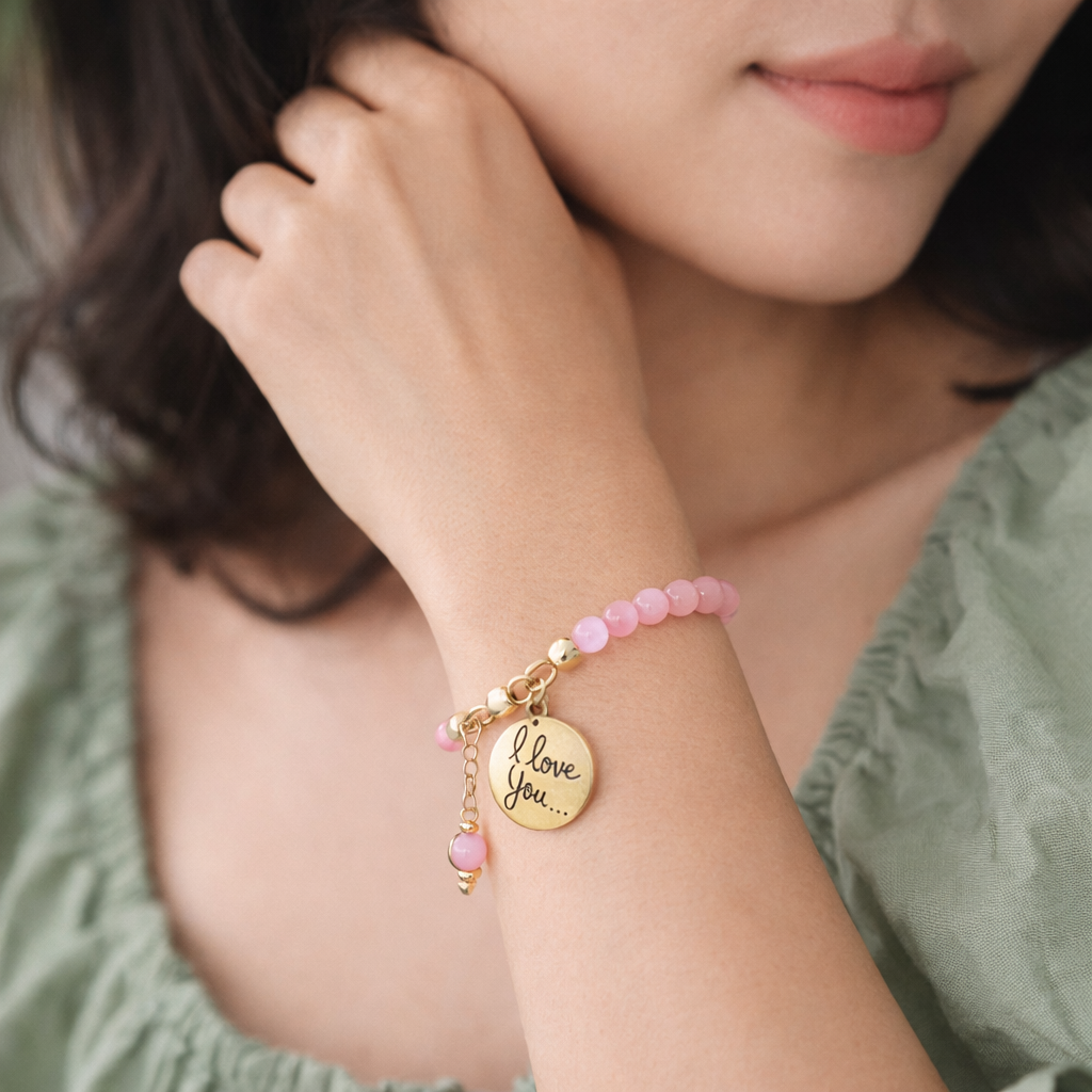 Pink Bracelet with "I Love You" Charm - Gold