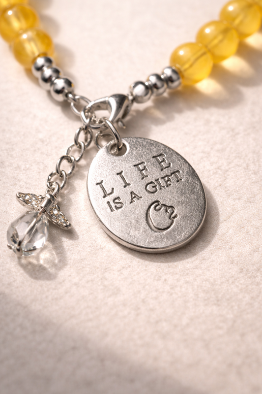 Summer Orange "Life Is a Gift" Bracelet with Charm - Silver
