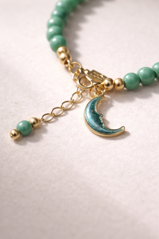 Green Turquoise Bracelet with Half Moon Charm - Gold