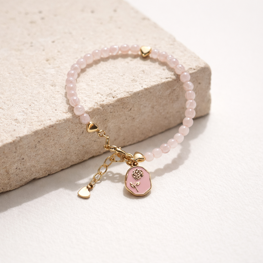 Rose Quartz Bracelet with Charm - Gold