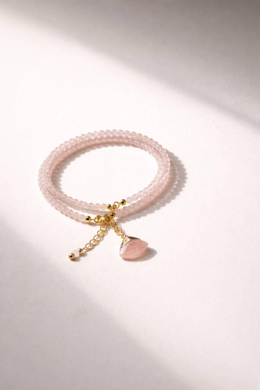 Rose Quartz Double Bracelet with Charm - Gold