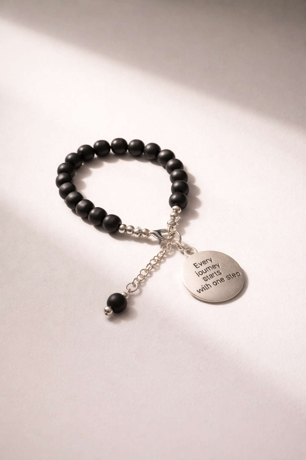 "Every Journey Starts With One Step" Inspirational Charm Black Bracelet