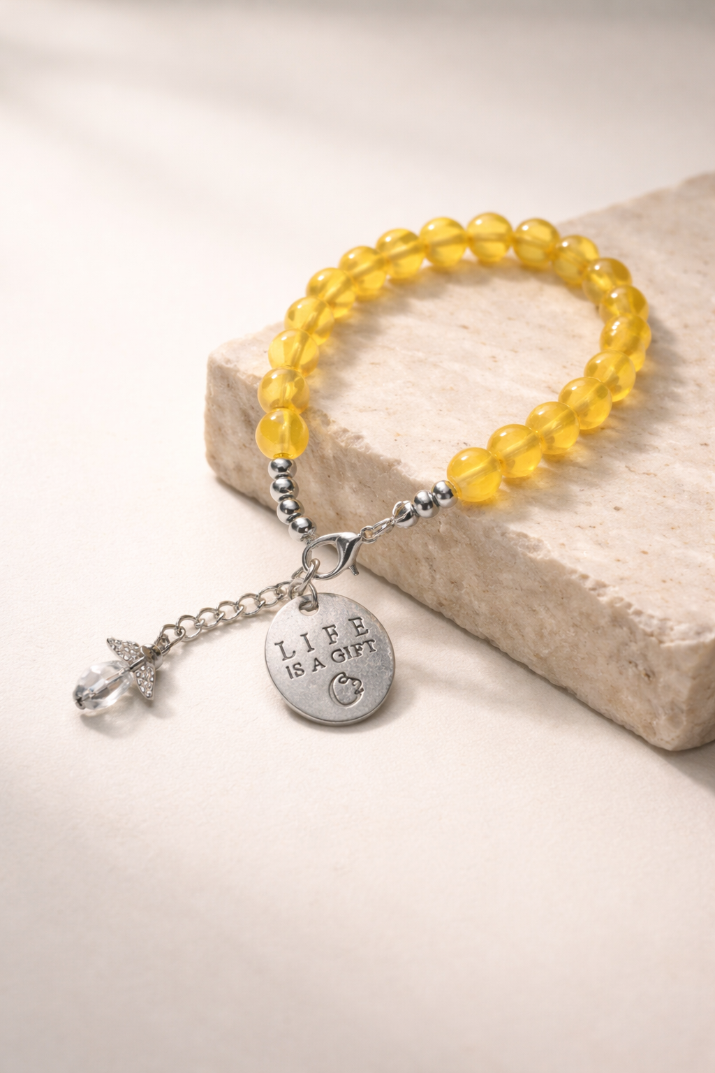 Summer Orange "Life Is a Gift" Bracelet with Charm - Silver