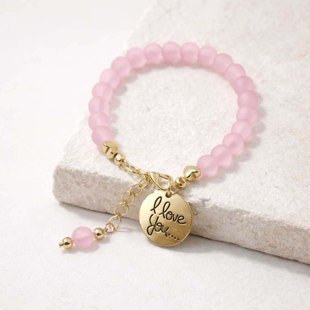 Pink Bracelet with "I Love You" Charm - Gold