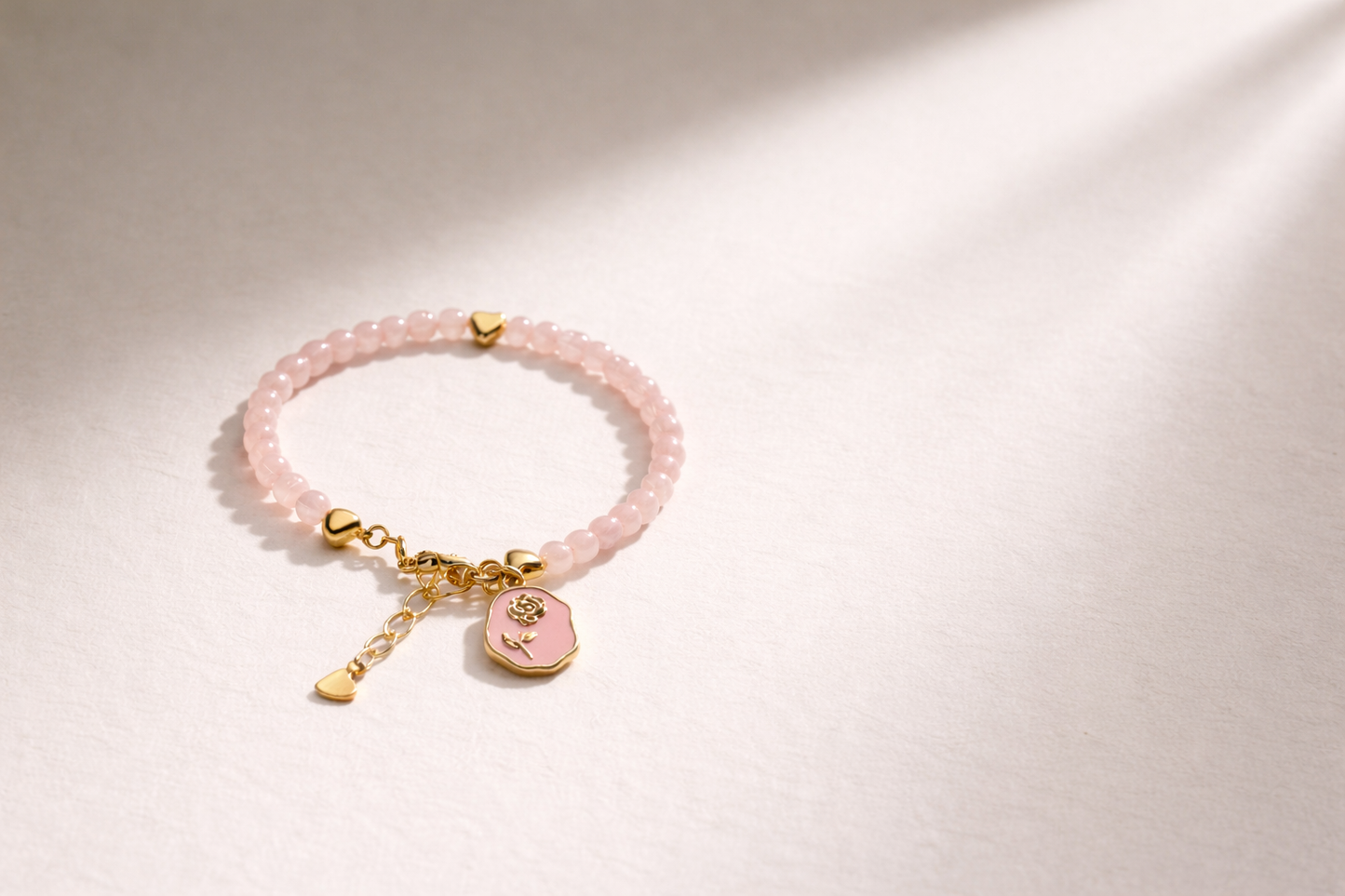 Rose Quartz Bracelet with Charm - Gold