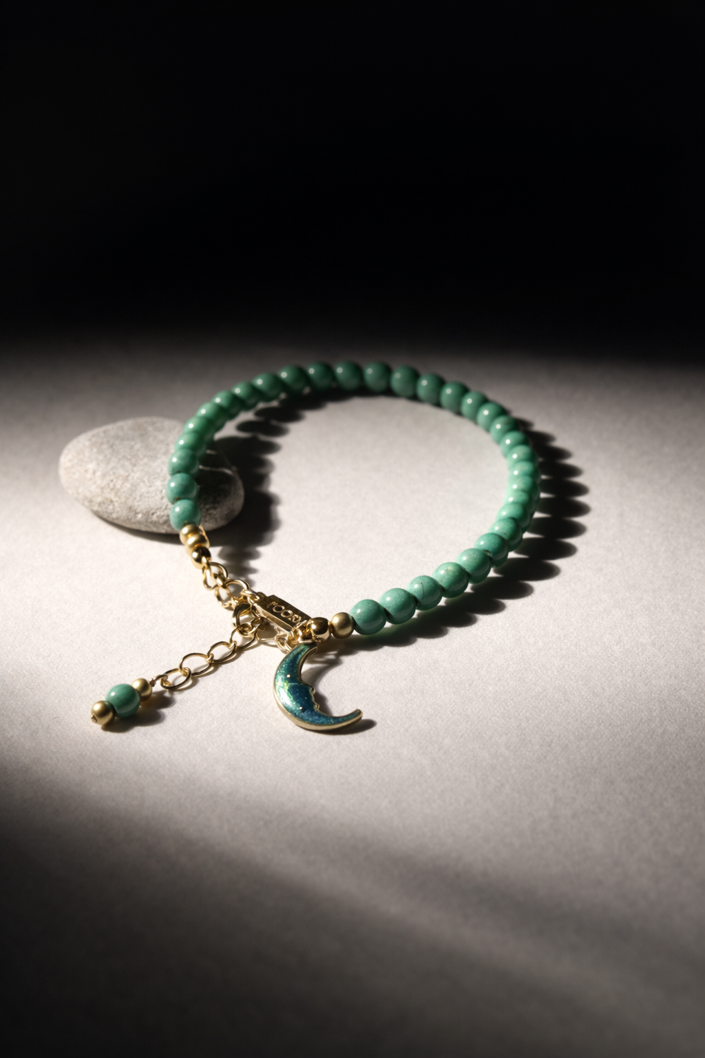 Green Turquoise Bracelet with Half Moon Charm - Gold
