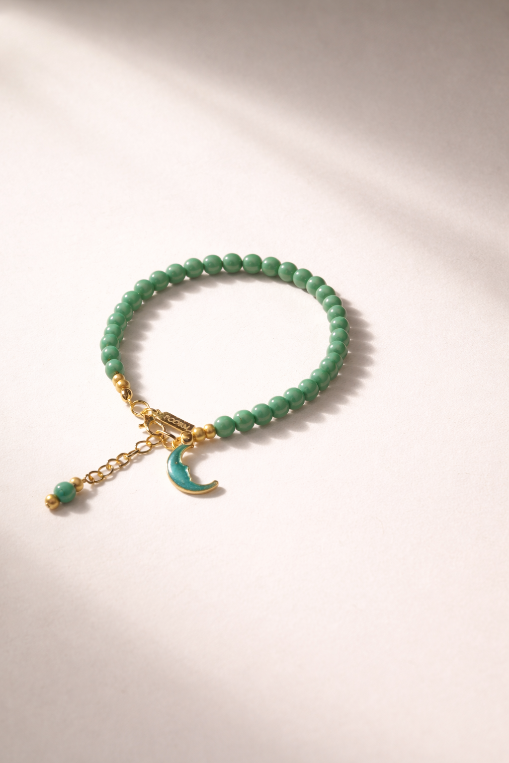 Green Turquoise Bracelet with Half Moon Charm - Gold
