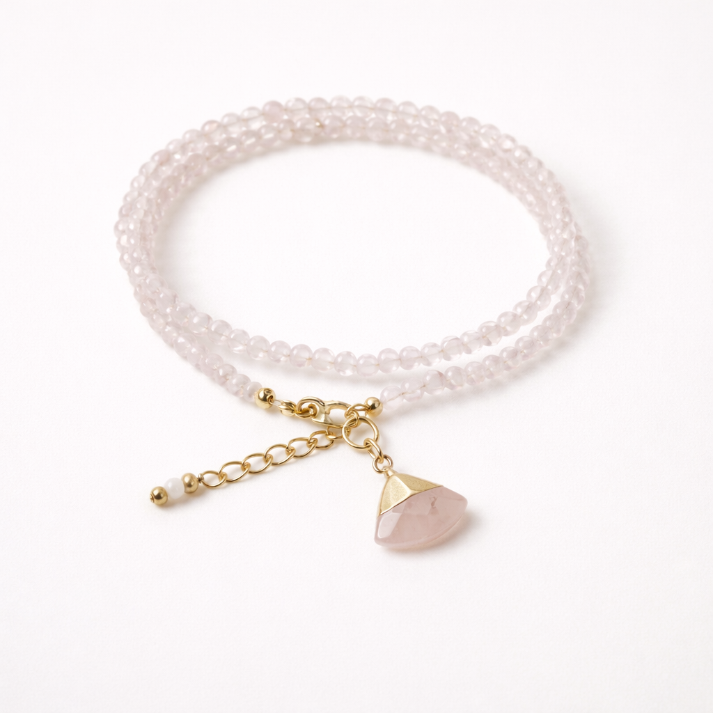 Rose Quartz Double Bracelet with Charm - Gold