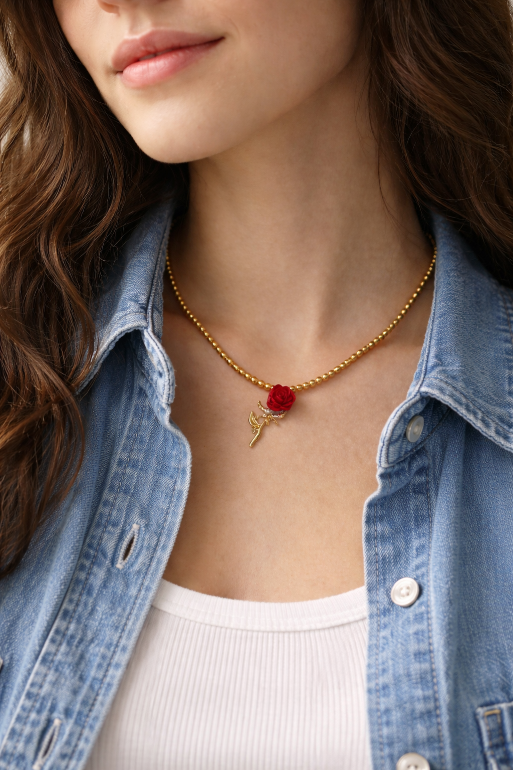 Gold Pearl Necklace with Rose Pendant Gold