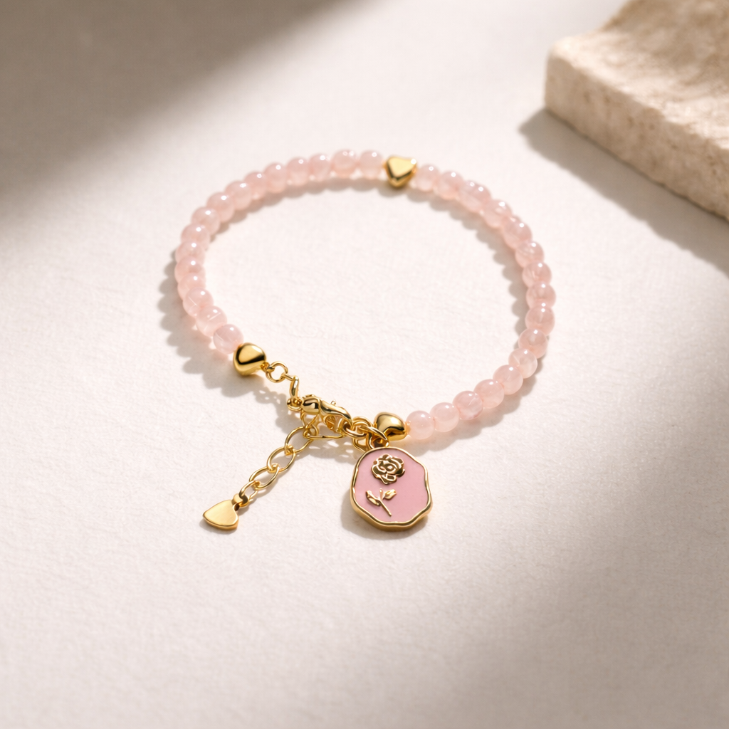 Rose Quartz Bracelet with Charm - Gold