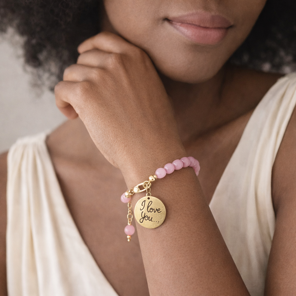 Pink Bracelet with "I Love You" Charm - Gold