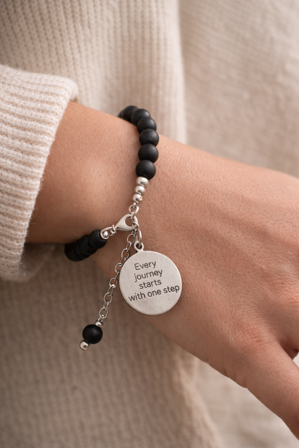 "Every Journey Starts With One Step" Inspirational Charm Black Bracelet