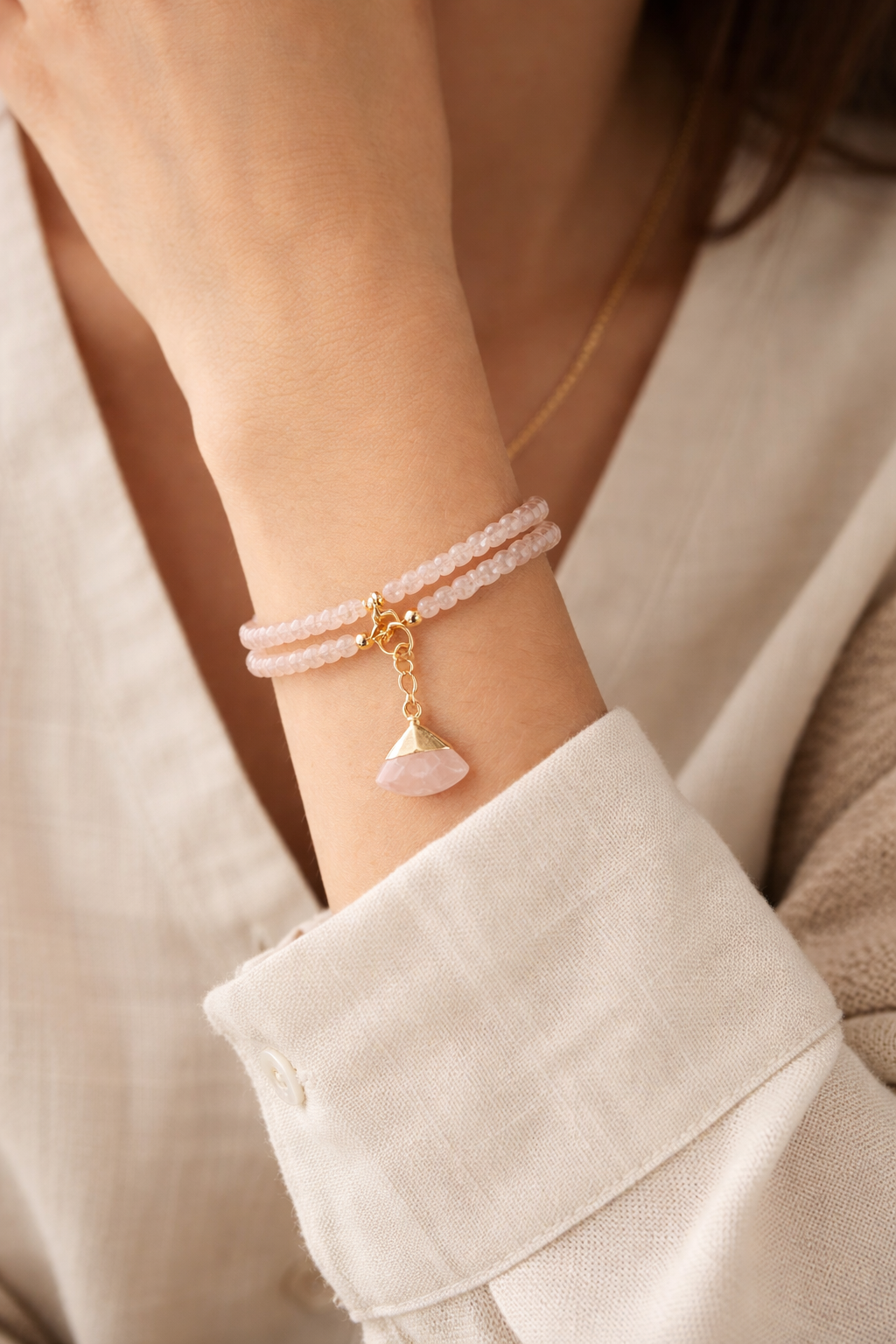 Rose Quartz Double Bracelet with Charm - Gold