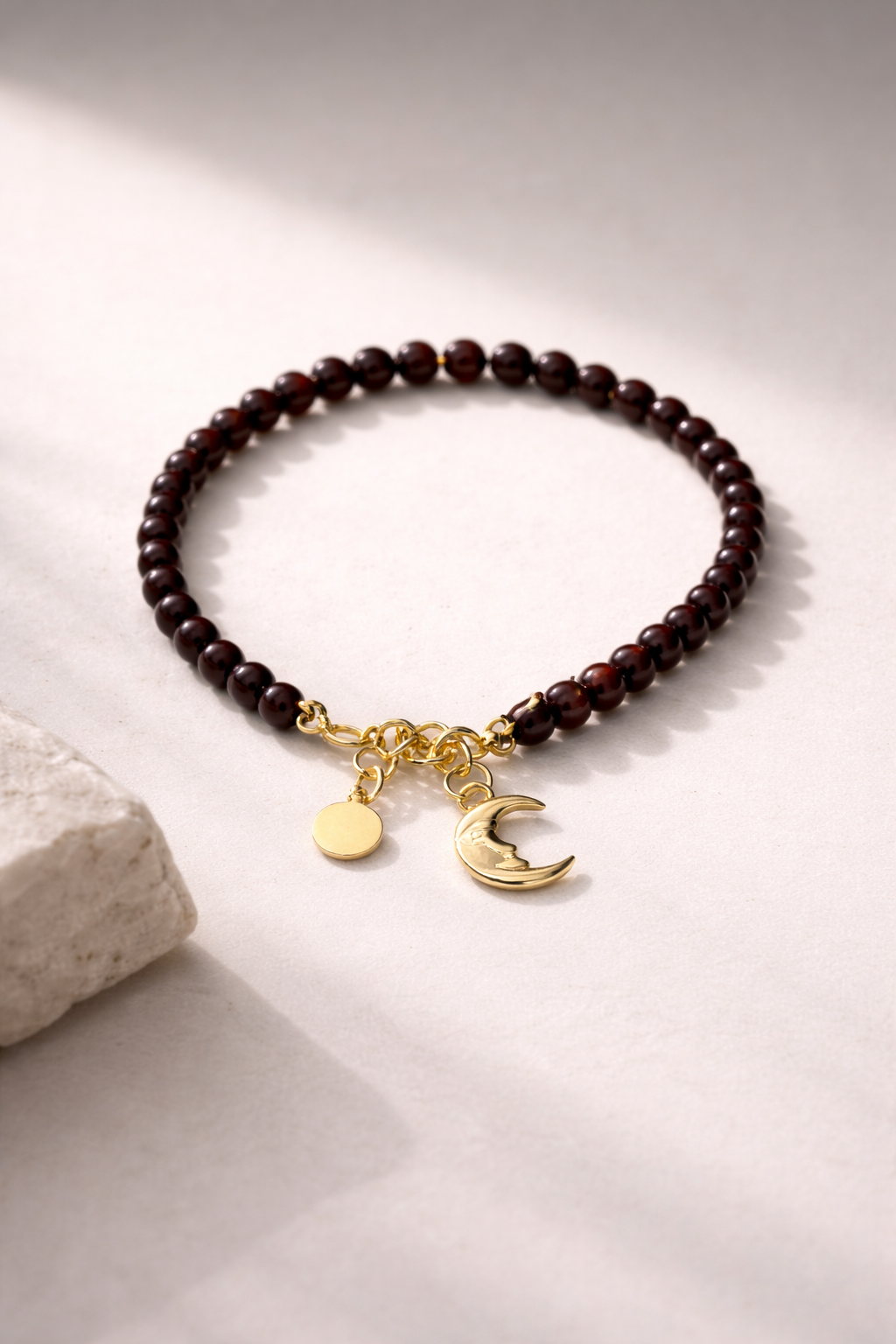 Garnet Bracelet with Moon Charm - Gold