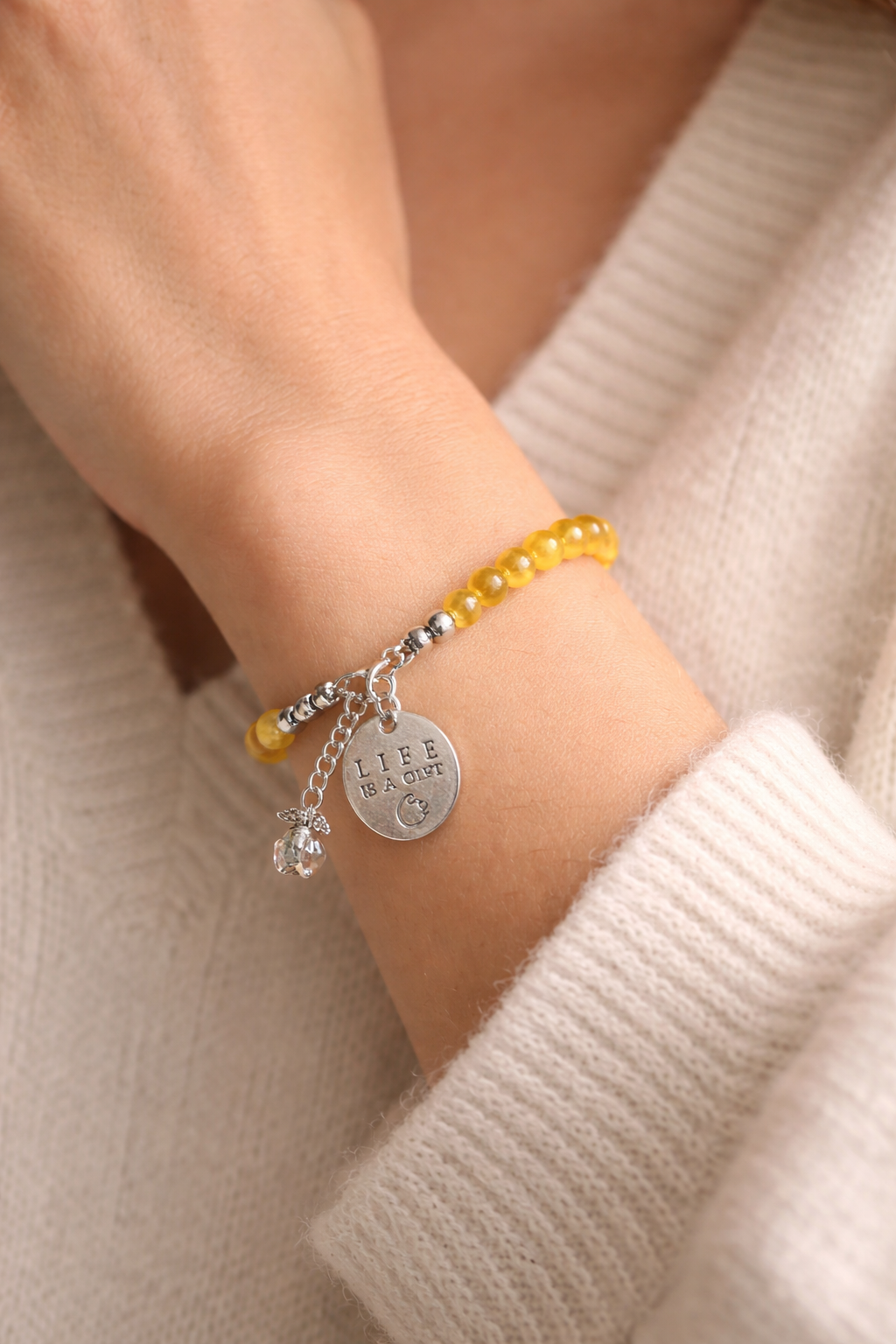 Summer Orange "Life Is a Gift" Bracelet with Charm - Silver