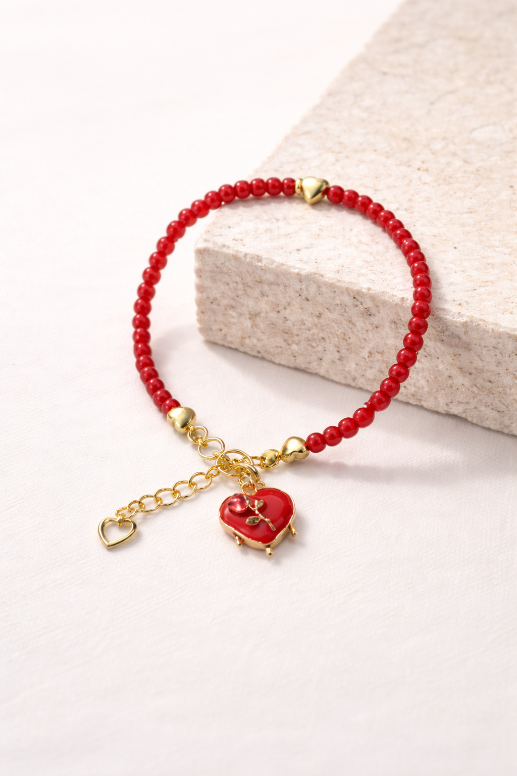 Red Bracelet with Heart Charm - Gold