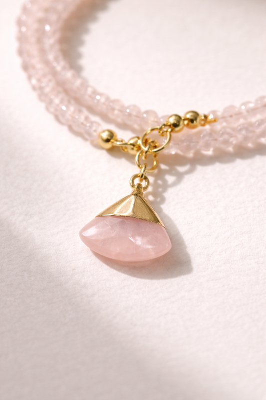Rose Quartz Double Bracelet with Charm - Gold