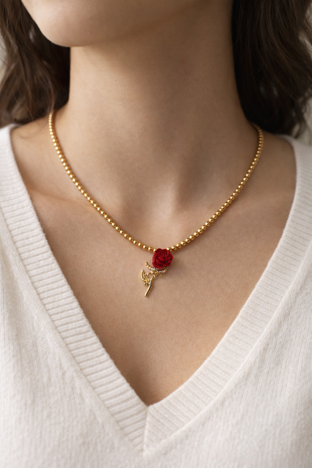 Gold Pearl Necklace with Rose Pendant Gold