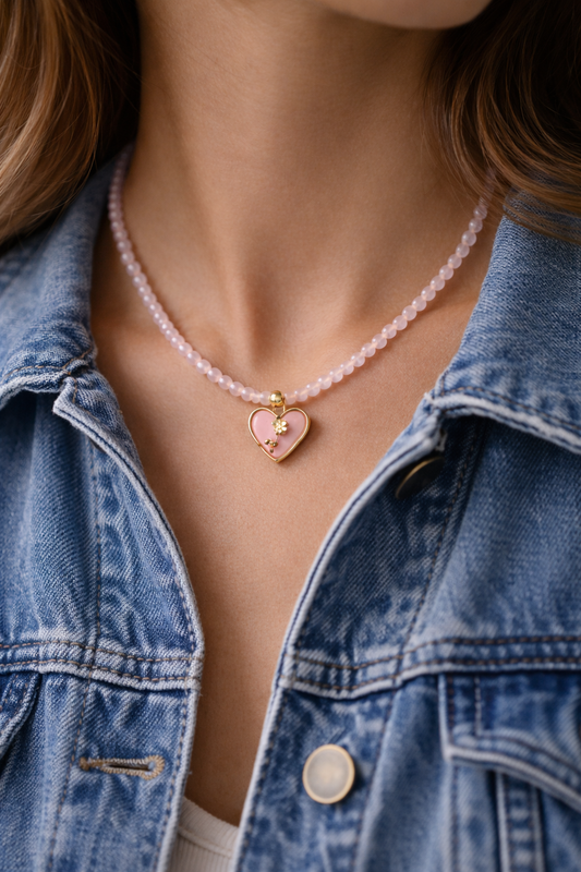 Rose Quartz Necklace with Rose Pendant Gold