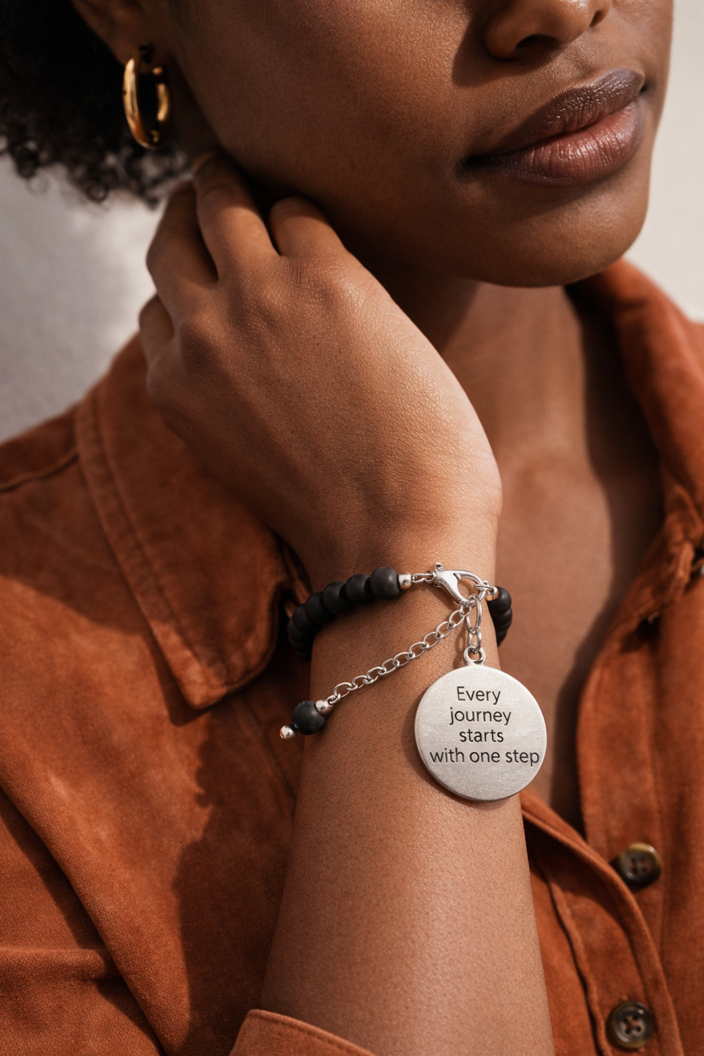 "Every Journey Starts With One Step" Inspirational Charm Black Bracelet